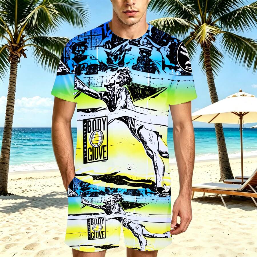 Graphic Print Men's Shorts And Short-Sleeve Set Body Glove Volleyball Sport Design Summer Beach Wear Gift For Sports Fans - 彩色 - 查看 1
