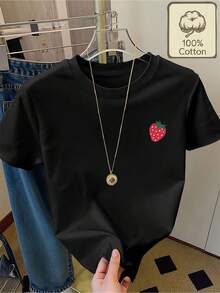 Camiseta de mujer 100% algodón puro, estampada con diseño de fresas, cuello redondo, manga corta, ropa de verano, cómoda y transpirable, ropa de verano para mujer, tops para mujer. - Negro - Ver 1