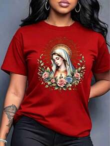 Women's Casual Short Sleeve T-Shirt, Round Neck, Fashion 2026. This Women's Short-Sleeved T-Shirt Features A Floral Print Of The Virgin Mary, A Round Neck, And Is Machine Washable. It's Comfortable, Soft, And Breathable, Making It Suitable For Spring, Summer, And Autumn. The Loose Fit Is Casual And Fashionable, Perfect For Work, Everyday Wear, Or Casual Get-Togethers With Friends. Made From 100% Cotton. - 紅色 - 查看 7