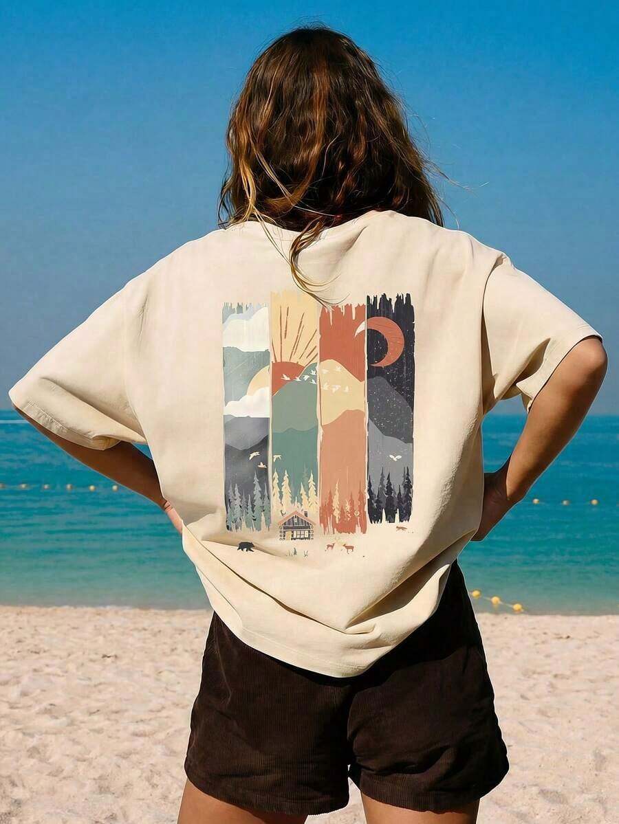 Camiseta Casual de Manga Corta y Cuello Redondo para Mujer 2026 - Estampado, Tela Suave y Cómoda, Lavable a Máquina, Tops de Verano - Albaricoque - Ver 1