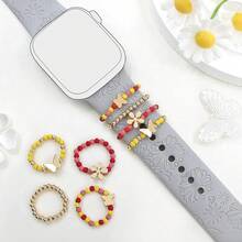 3/4件套波西米亚风心形、花朵、蝴蝶串珠吊坠弹力手链装饰，适用于22毫米表带，送给她的完美可爱礼物 - 时尚日常配饰 - 粉黃 - 查看 2