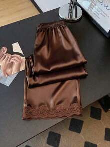 Pantalones rectos sueltos con cintura elástica, estampado de lunares y parches de encaje, adecuados para uso diario.Pantalones de lunares, pantalones con ribete de encaje, pantalones blanco y negro, pantalones de lunares blanco y negro para mujer - Café integral - Ver 4