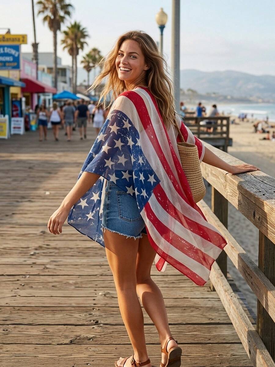 Swim Vcay Vintage American Flag Print Kimono Cover-Up, Open-Front Patriotic Beachwear - Blue - View 1