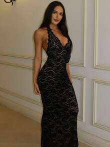 Vestido largo mujer elegante estilo europeo cuello colgante encaje combinado abertura ajustado figura favorecedor - Negro - Ver 2