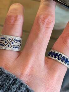 1pc Vintage Blue Gemstone Ring, Luxurious Stackable Design - Silver - View 3