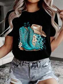 ofertas y liquidacionesWomen's denim T-shirt |       Camiseta con patrón de bota vaquera para mujeres |       Diseño de Botas y Sombrero Turquesa |       Tela 100% Algodón |       Suave y cómodo |       Perfecto para Ropa Casual y Regalos |       Camiseta blanca de cuello redondo |       Hecho en México |       Domestic Shippingplayera de hombretops sudaderas para mujerLoose, casual and versatile top T-shirt Blusas Bonito 100% Cotton - Negro - Ver 3