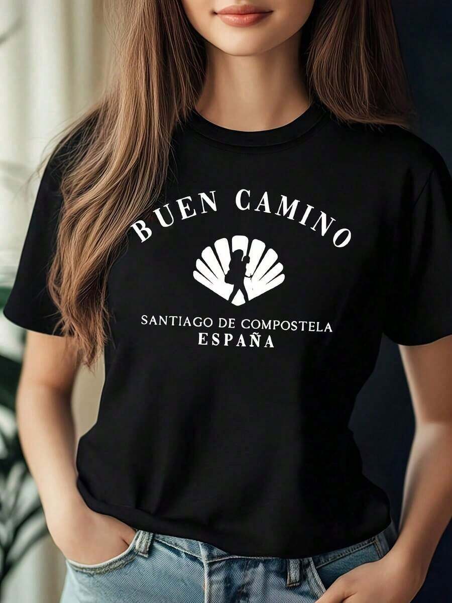 Minimalist Women's Casual Crew Neck T-Shirt - BUEN CAMINO SANTIAGO DE COMPOSTELA SPAIN Graphic T-Shirt Of The Spanish And Cultural Tour, Lightweight Polyester, Spring Summer Collection, Outdoor Leisure Wear. Women's Simple Solid Color T-Shirt, Loose And Slim Fit Casual Short Sleeve - 黑色 - 查看 1