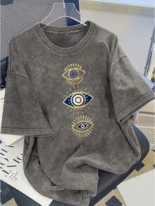 Fashionable Vintage Women's T-Shirt, Elegant And Exquisite, Made Of 100% Pure Cotton With A Heavy Wash Effect, Loose Fit And Short Sleeves, Creative Custom Design With The Mystical Y2K Symbol Of The Turkish Eye, American Casual Sporty Style, Ideal For Outdoor Travel, Gift. - 灰色 - 查看 7