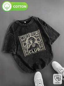 1 camiseta de algodón lavado con estampado moderno para mujer - algodón grueso de 230g, estilo vintage urbano, cuello redondo, manga corta, lavable a máquina, adecuada para uso casual en primavera y verano, camiseta holgada única para mujer, una opción popular para uso diario, regalo perfecto para las vacaciones. 180g 100% algodón. - Negro - Ver 6