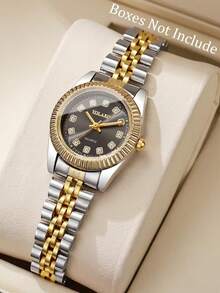 2 piezas/Set Juego de relojes para pareja en negro & dorado, incluye 1 pieza reloj de cuarzo dorado de esfera grande para hombre y 1 pieza reloj de cuarzo dorado de esfera pequeña para mujer. Diseño clásico bicolor con bisel estriado y esfera adornada con brillantes de strass. - Multicolor - Ver 4