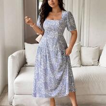 Plus Size Women's Spring/Summer French Chic Elegant Commuting Casual Beach Holiday Blue & White Floral Square Neck Cinched Waist Ruched A-Line Maxi Dress - Azul y blanco - Ver 6