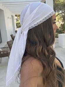 1pc Women's Elegant Solid Color Square Lace Trim Headscarf, Multifunctional As Headscarf, Shawl, Headband And Hair Accessory, Suitable For Use In Mosques, Lightweight For Summer, Fashion Casual Accessory - White Delicate Lace Trim - View 4