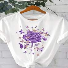 Women's Sexy Casual Elegant Round Neck Short Sleeve Cotton T-Shirt with Purple Rose and Butterfly Print High Stretch Fabric Regular Length - Blanco - Ver 1