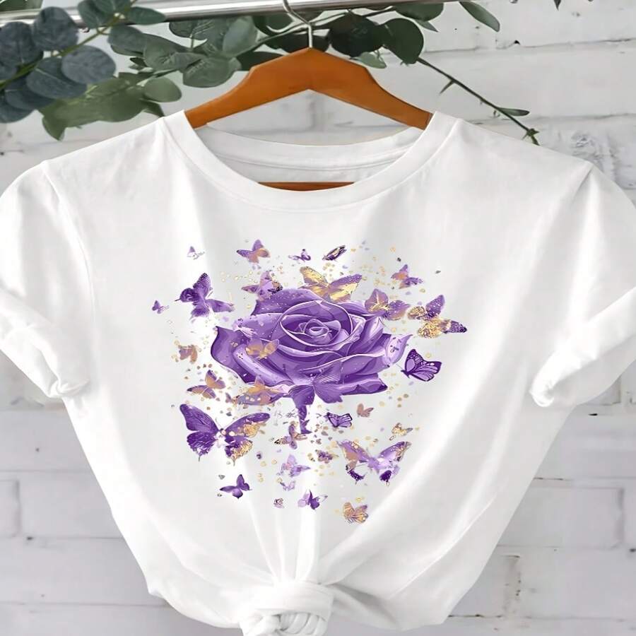 Women's Sexy Casual Elegant Round Neck Short Sleeve Cotton T-Shirt with Purple Rose and Butterfly Print High Stretch Fabric Regular Length - Blanco - Ver 1