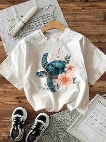 Women's T-Shirts, Summer Tops, Short-Sleeved Crew Neck T-Shirt With Sea Turtle And Flower Pattern, Cotton T-Shirt, Women - White - View 6