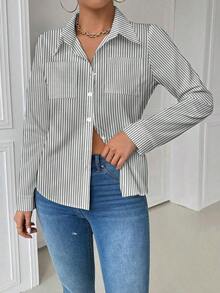 Blusa blanca casual con cuello y bolsillo, de manga larga ajustada para mujeres - Gris - Ver 4