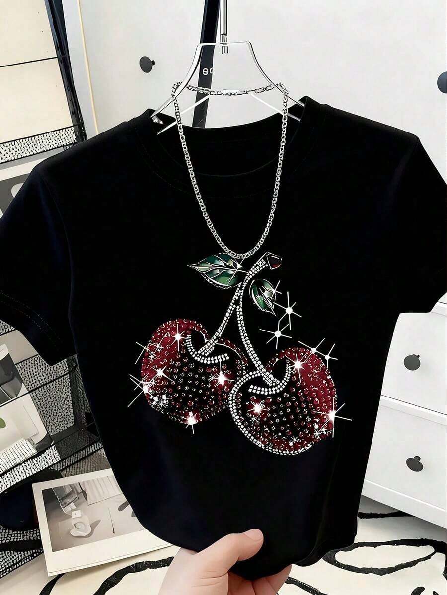 Vintage Loose-Fitting, Breathable Women's Cropped Top With A Solid Cherry Print, Heat Transfer Print, Y2K Style, Sexy Crop Top, Fitted Cut, Suitable For Casual Everyday Wear Or Party Looks, With A Youthful And Elegant Feminine Style, Short-Sleeved Printed Top, Versatile Basic Top For Everyday Wear. Fashion - 黑色 - 查看 1