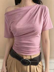 Camiseta blanca de manga corta de ajuste ceñido con cuello oblicuo de unicolor para mujer, top de verano para salir - Rosa - Ver 2