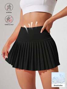 Falda de tenis, falda pantalón de golf plisada, cintura alta con short interior, cintura ancha, falda pantalón informal forrada para deportes, , pickleball, falda deportiva - Negro - Ver 2