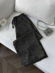 Pantalones anchos de pierna negros con diseño de estampado de leopardo retro elegante, pantalones rectos con cintura elástica con cordón, uso casual, vuelta al colegio - Negro 2 - Ver 1