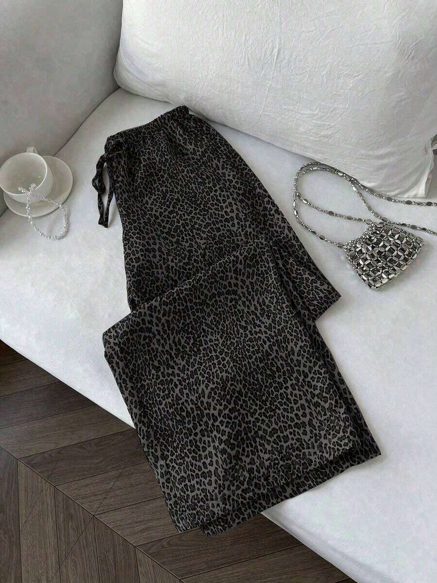 Pantalones anchos de pierna negros con diseño de estampado de leopardo retro elegante, pantalones rectos con cintura elástica con cordón, uso casual, vuelta al colegio - Negro 2 - Ver 1