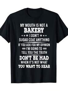 Camiseta con Divertido Eslogan "Mi Boca No Es una Panadería", Frase Audaz, Camiseta de Tela Gruesa, Cuello Redondo Negro, Top Casual, Adecuada para Uso Casual, Regalo Humorístico para Adultos, Patrón Geométrico, Estilo Retro Clásico, Cuello Redondo, Talla S, Lavable a Máquina, Adecuada para Ropa Deportiva Casual, Tallas Grandes. - Negro - Ver 1