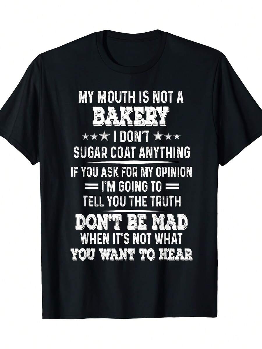 Camiseta con Divertido Eslogan "Mi Boca No Es una Panadería", Frase Audaz, Camiseta de Tela Gruesa, Cuello Redondo Negro, Top Casual, Adecuada para Uso Casual, Regalo Humorístico para Adultos, Patrón Geométrico, Estilo Retro Clásico, Cuello Redondo, Talla S, Lavable a Máquina, Adecuada para Ropa Deportiva Casual, Tallas Grandes. - Negro - Ver 1