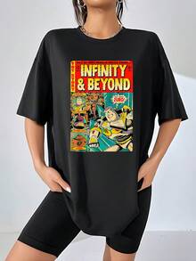 Gráfico colorido que inspira aventura espacial y valentía con personaje heroico mirando hacia el infinito simbolizando superar límites y alcanzar sueños extraordinarios camiseta de mujer cómoda casual  suave para uso diario - Negro - Ver 1