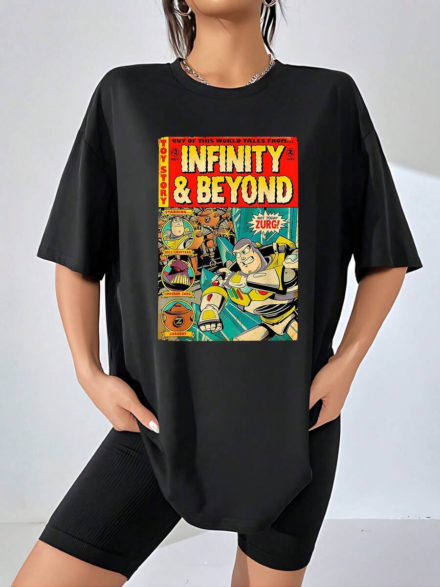 Gráfico colorido que inspira aventura espacial y valentía con personaje heroico mirando hacia el infinito simbolizando superar límites y alcanzar sueños extraordinarios camiseta de mujer cómoda casual suave para uso diario - Negro - Ver 1