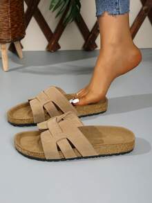 Retro Suede Soft Cork Bottom Slip-On Sandals, Crossover Strap Casual Slippers - Apricot - View 6