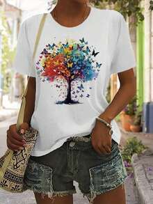 Camiseta Vibrante de Mujer con Estampado de Árbol y Mariposa  Cuello Redondo, Manga Corta, Casual para Verano y Primavera, Lavable a Máquina - Blanco - Ver 1
