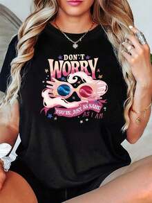 Funny T-Shirt For Women - Don't Worry, You're As Healthy As Me Slogan Print, Short Sleeve And Round Neck - Casual Spring And Summer Clothing With Lettering (Comfortable Everyday Outfit) - 黑色 - 查看 5