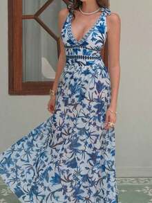 Swim Oasis Traje de baño de una pieza con cuello en V, estampado floral azul, diseño halter y espalda descubierta, con falda transparente.Atuendo de playa de verano de alta gama para mujer - Azul y blanco - Ver 2