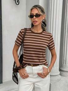 Camiseta holgada de cuello redondo y manga corta de estilo minimalista casual para mujer, con estampado de rayas, conjunto de ocio para mujer - Multicolor 7 - Ver 2