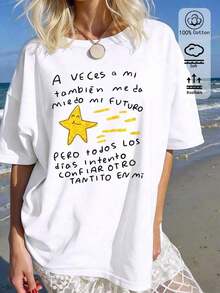 Camiseta para Mujer con Estampado de Frase Única, Cuello Redondo, Manga Corta, Diseño Oversize - Negro - Ver 9