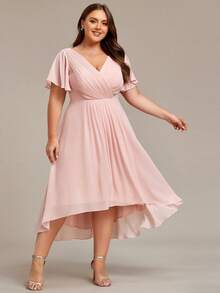 EVERPRETTY Plus Size Women's Chiffon Bridesmaid Dress, Deep V-Neck Ruffle Short Sleeve Pleated Mid-Length, Elegant And Dignified - Pink - View 3