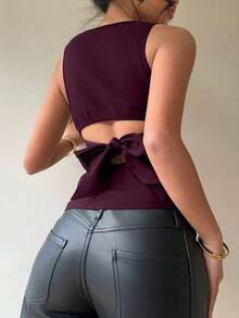 Blusa sin mangas con cuello redondo y lazo en la espalda, para uso casual y de oficina - Burdeos - Ver 6