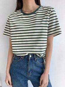 Camiseta de manga corta a rayas contrastantes, verano - Verde - Ver 9