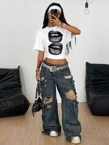 Camiseta corta de mujer con hombros caídos y rayas - Blanco - Ver 5