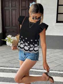 Blusa de verano casual de vacaciones con bordado floral y volantes en las mangas - Negro - Ver 2