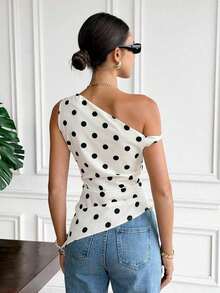 Camiseta de mujer casual con estampado de lunares asimétrica en los hombros, para verano - Multicolor - Ver 2