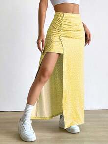 Falda larga con diseño floral pequeño y abertura en el dobladillo - Amarillo - Ver 5
