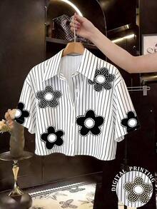 Camisa casual de mujer de unicolor, de manga corta, con hombros caídos y botones delanteros, para verano - Multicolor 3 - Ver 1