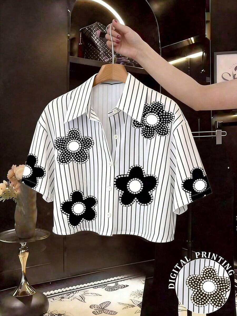 Camisa casual de mujer de unicolor, de manga corta, con hombros caídos y botones delanteros, para verano - Multicolor 3 - Ver 1