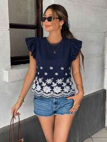 Blusa de verano casual de vacaciones con bordado floral y volantes en las mangas - Azul marino - Ver 7