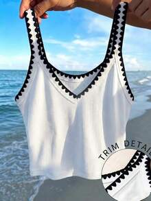 Camiseta de tirantes casual de mujer con estampado de rayas y ribete, adecuada para vacaciones de verano y uso diario - Blanco - Ver 6