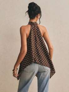 Blusa elegante de cuello halter con lunares para mujeres - Café integral 2 - Ver 2