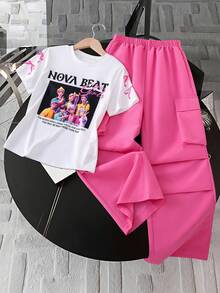 Set de 2 piezas de camiseta de manga corta con estampado de niña y lazo + pantalones de pierna ancha rosa con bolsillos para niñas en verano - Rosa - Ver 2
