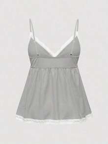 Conjunto de pijama casual de camiseta de tirantes acanalada y shorts con encaje - Gris Claro - Ver 8