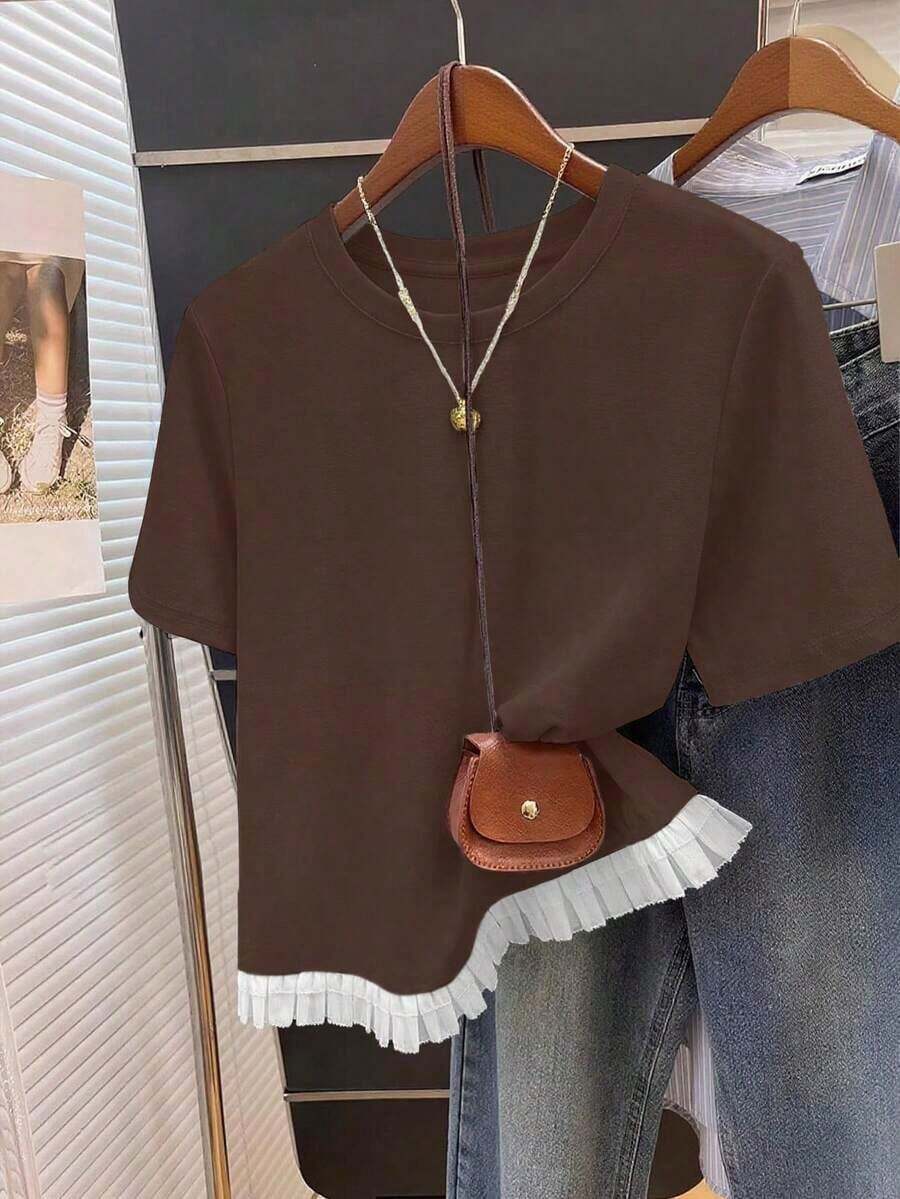 Camiseta de manga corta casual de mujer con dobladillo de volantes en contraste para el verano - Café integral 2 - Ver 1